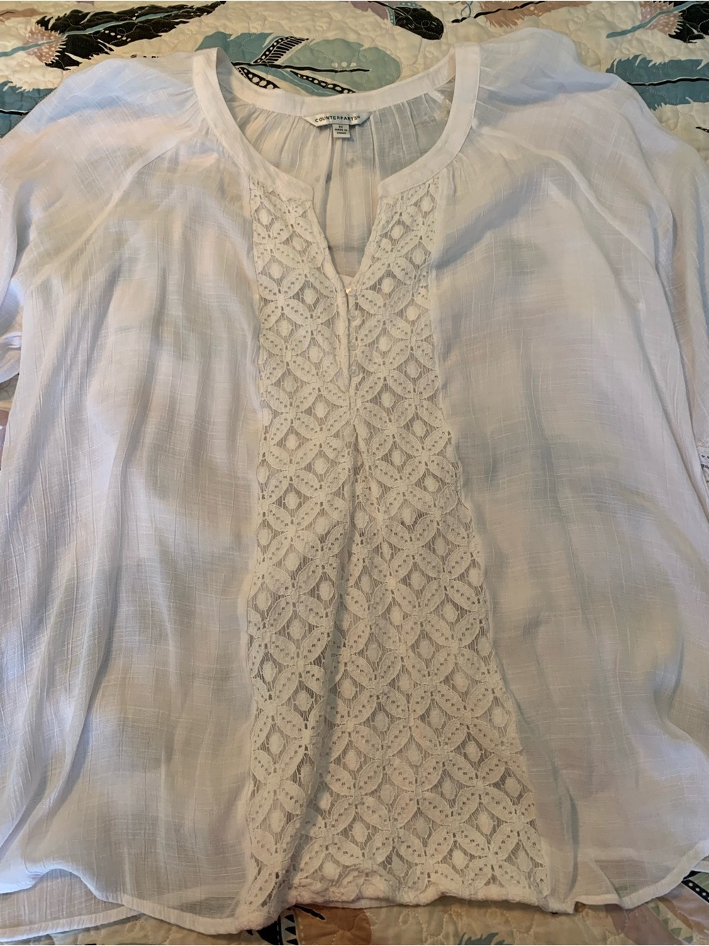 NWOT Counterparts White Crochet-Front Women's Blouse